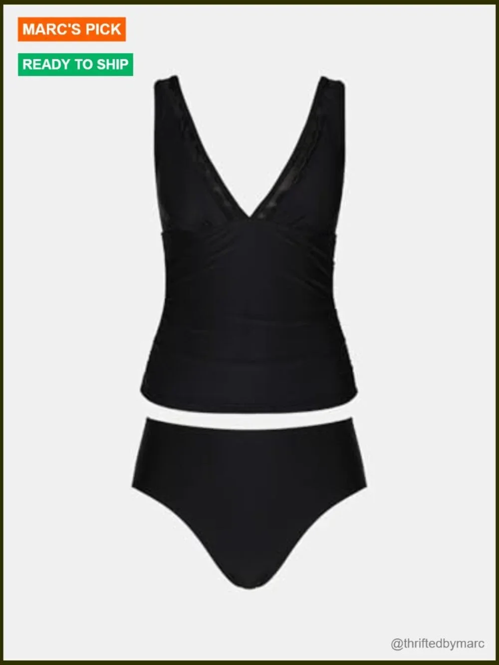 V Neck Mesh Scalloped Tankini Set Adjustable Straps Two Piece Swimwear Mid Rise